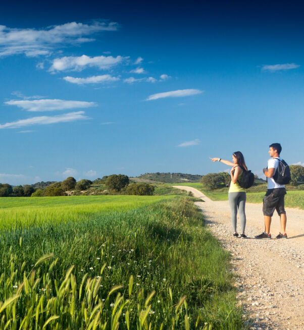 Portrait of Happy Young couple on the field in spring