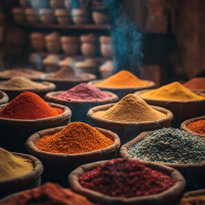 Vibrant colors of spices in a row generated by artificial intelligence